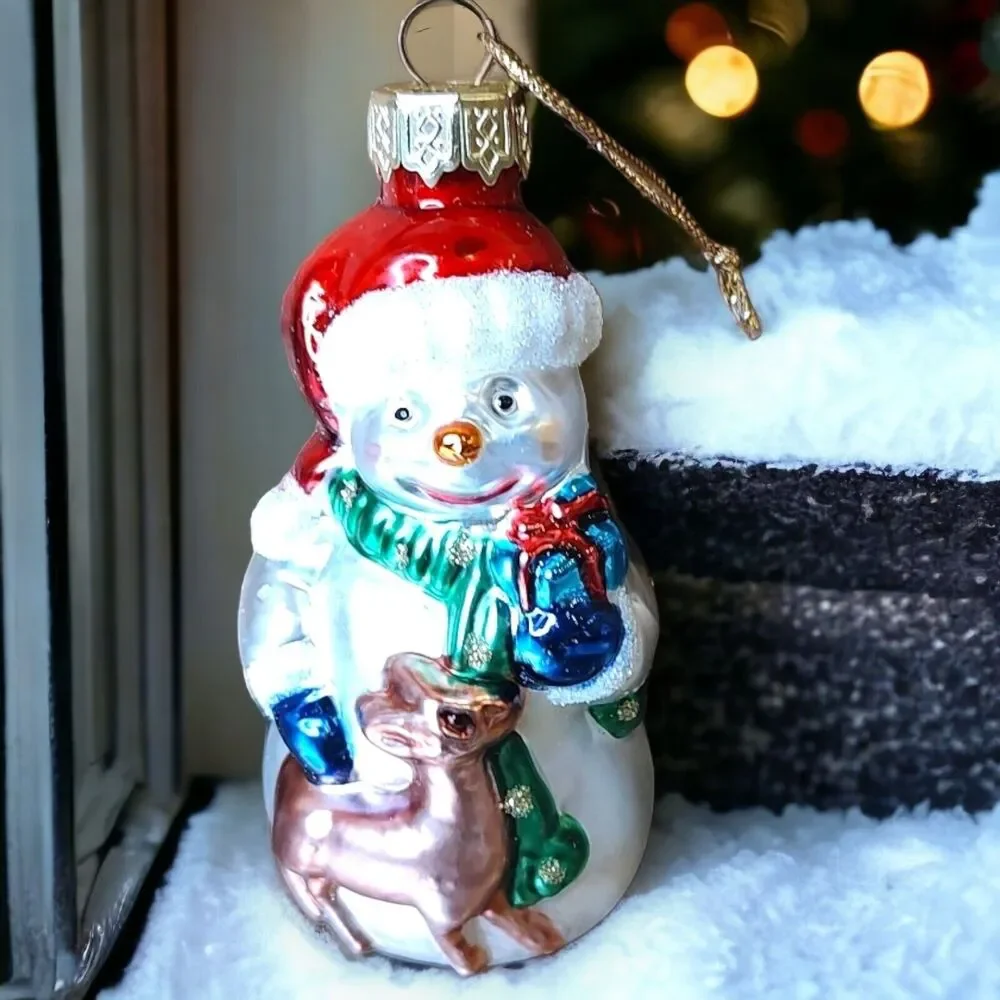 Santa Snowman Petting Reindeer Holding Gift Blown Glass Ornament Thomas Pacconi